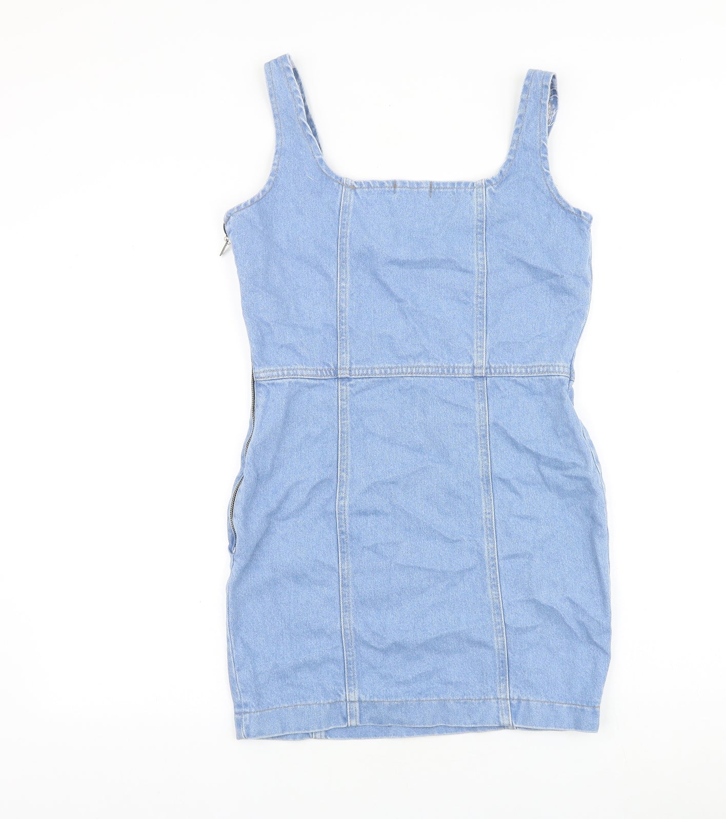 PRETTYLITTLETHING Womens Blue Cotton Bodycon Size 8 Square Neck Zip