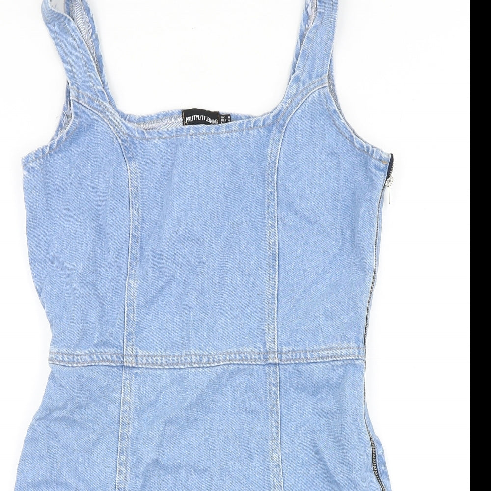 PRETTYLITTLETHING Womens Blue Cotton Bodycon Size 8 Square Neck Zip