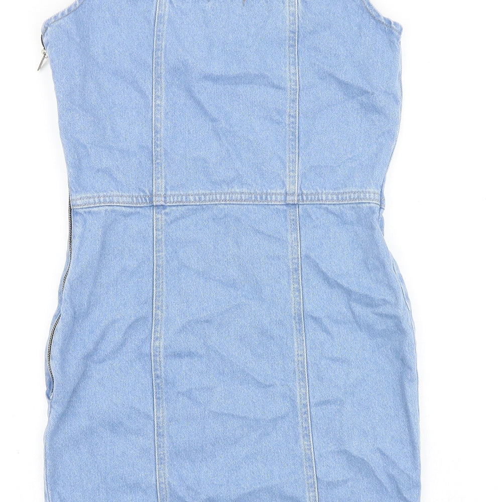 PRETTYLITTLETHING Womens Blue Cotton Bodycon Size 8 Square Neck Zip
