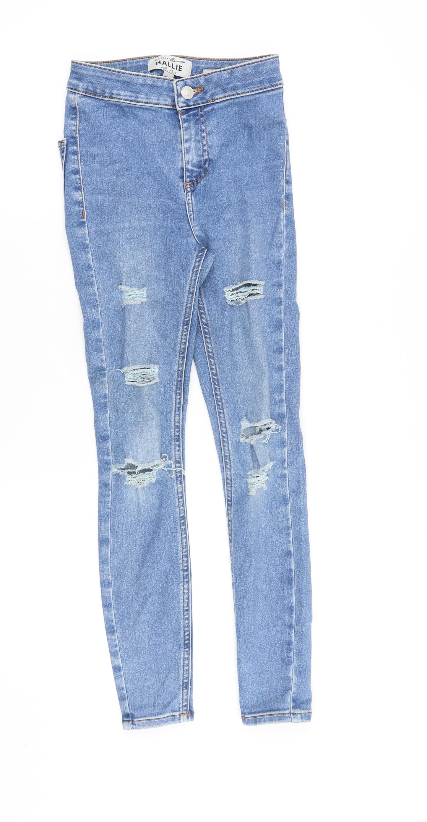 New Look Girls Blue Cotton Skinny Jeans Size 11 Years Slim Zip - Distressed