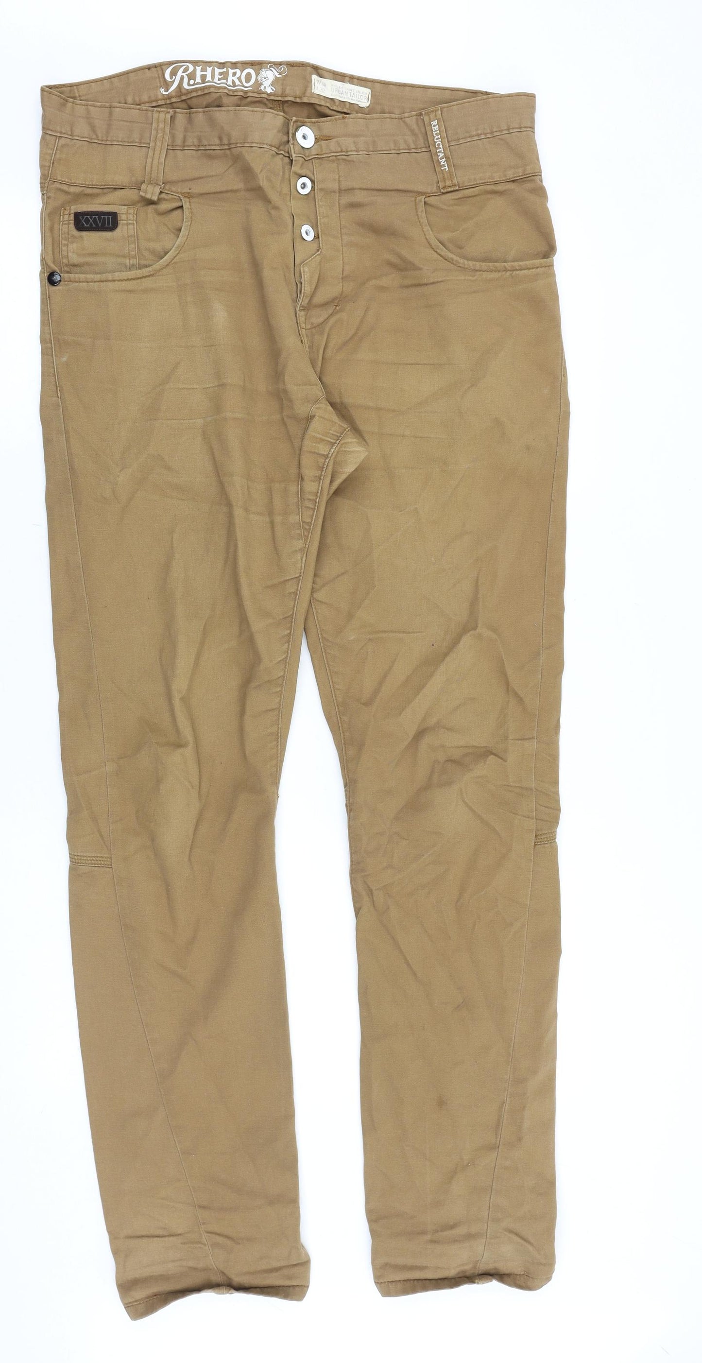 R.Hero Mens Brown Cotton Chino Trousers Size 34 in Regular Button