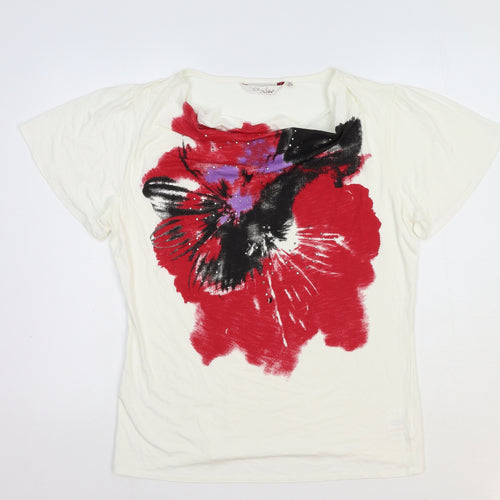 EWM Womens White Floral Viscose Basic T-Shirt Size M Cowl Neck