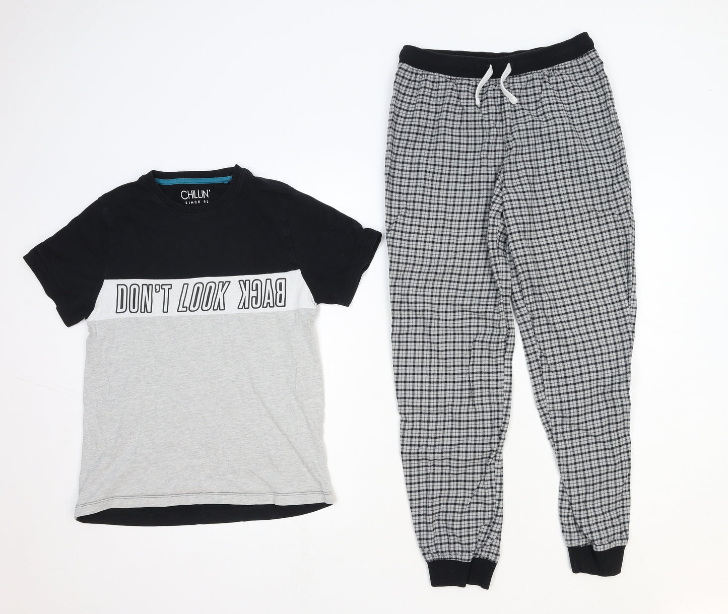 NEXT Boys Grey Check Cotton Pyjama Set Size 12 Years Drawstring - Don't Look Back