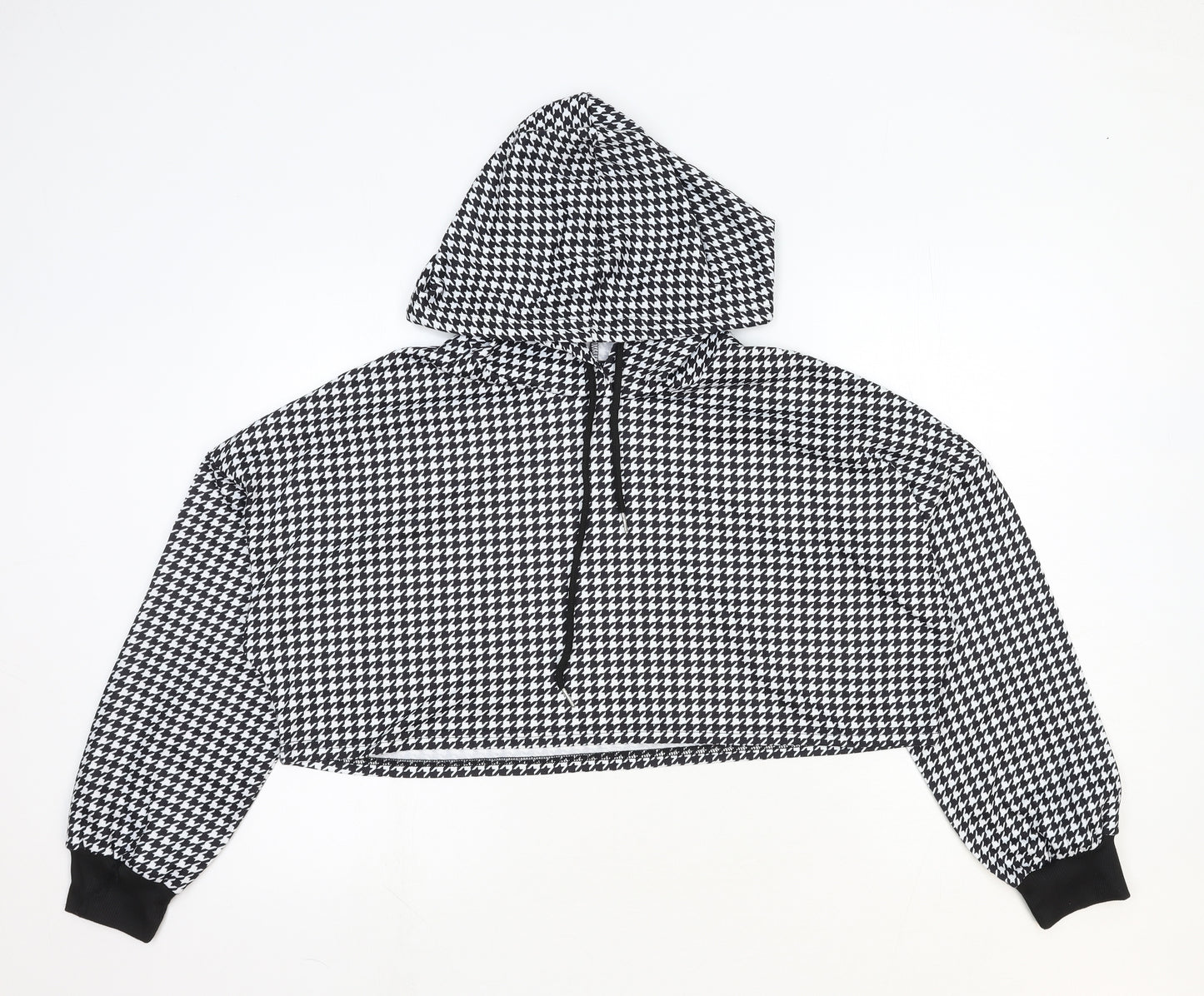 SheIn Womens Black Houndstooth Polyester Pullover Hoodie Size L Pullover - Cropped