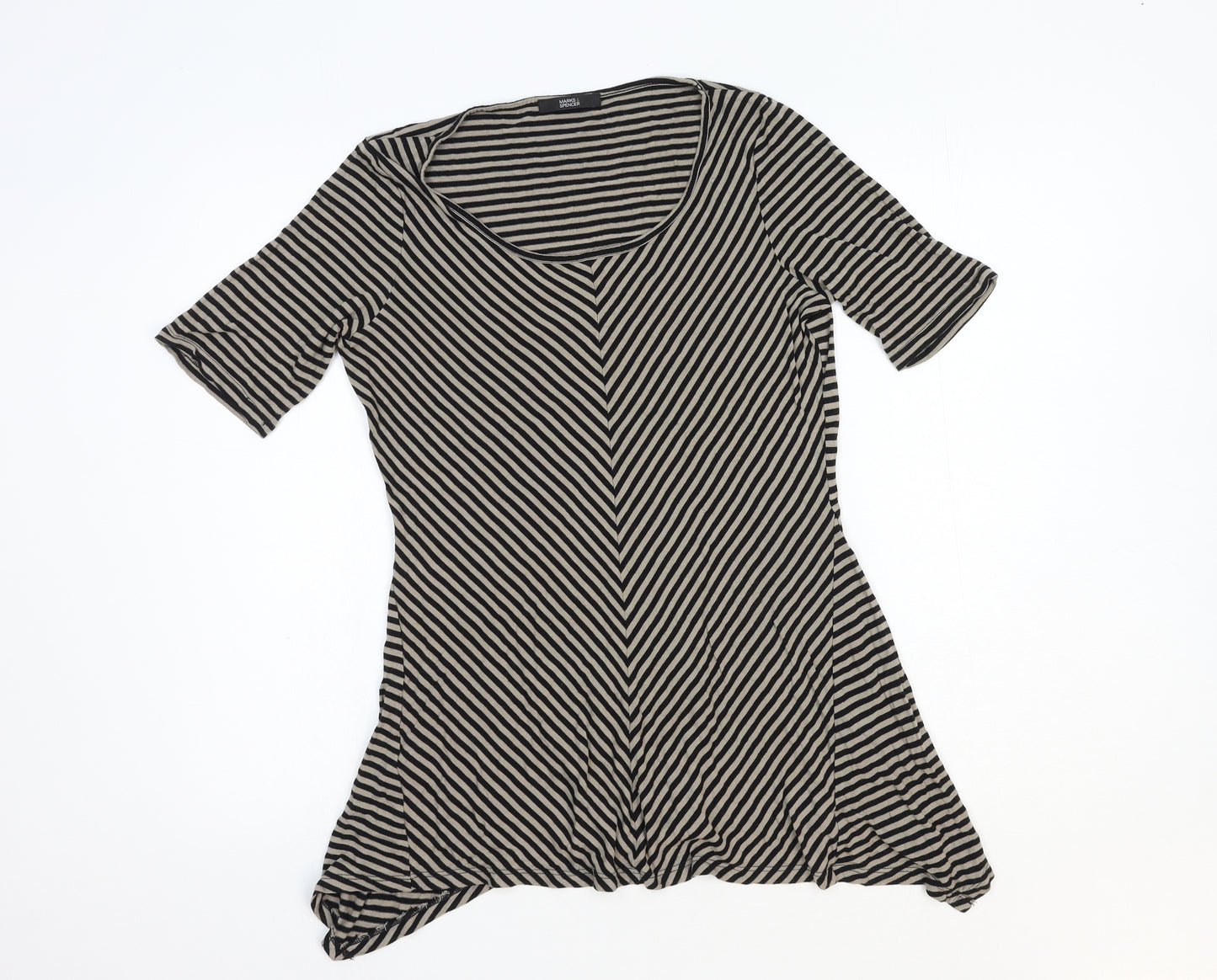 Marks and Spencer Womens Brown Striped Cotton Basic T-Shirt Size 12 Round Neck