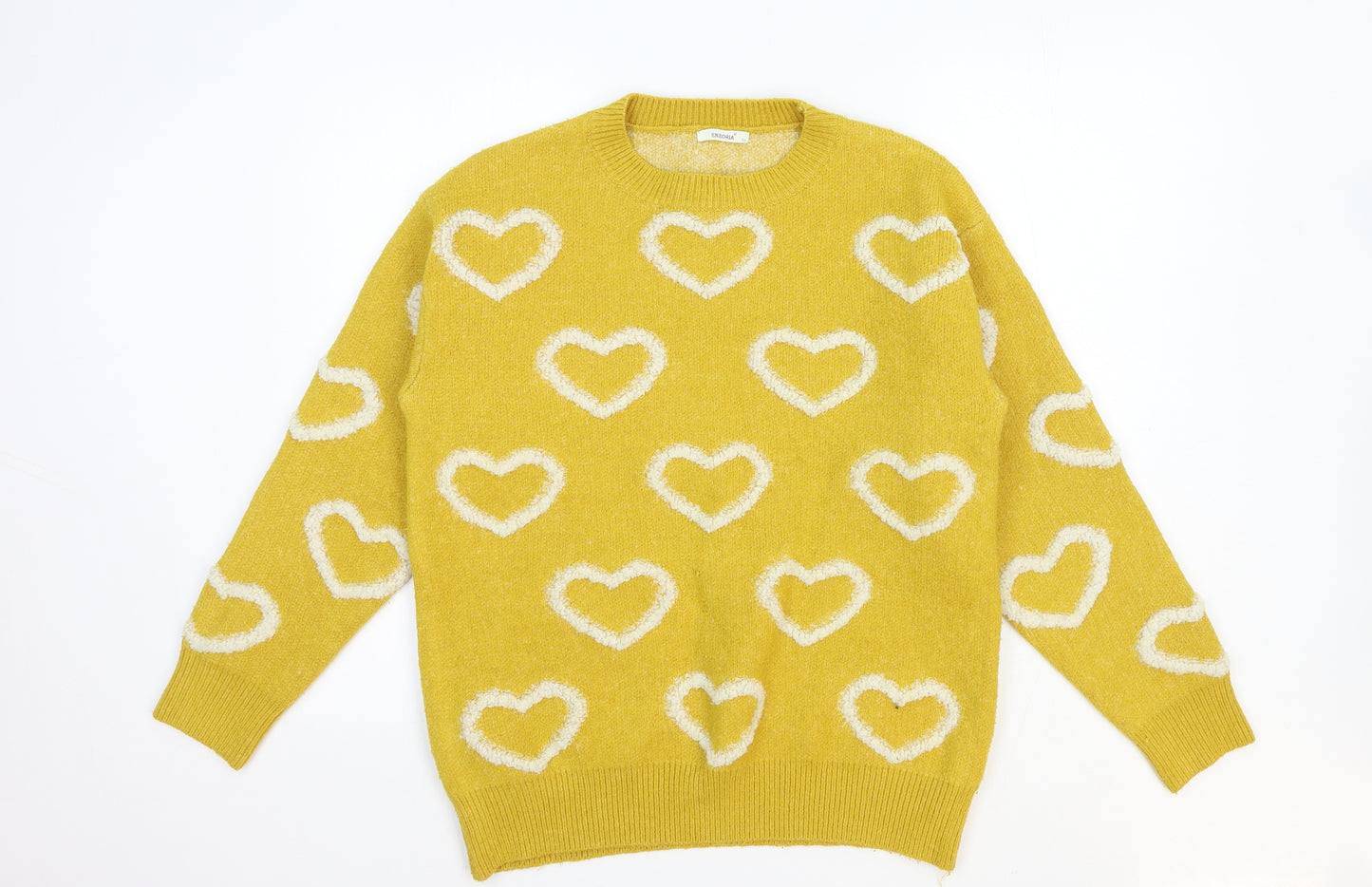 Enzoria Womens Yellow Round Neck Geometric Polyamide Pullover Jumper One Size - Hearts