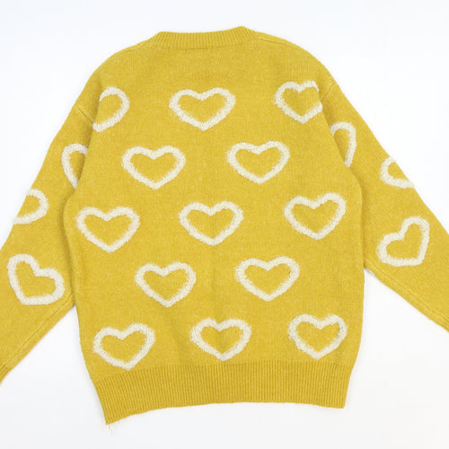 Enzoria Womens Yellow Round Neck Geometric Polyamide Pullover Jumper One Size - Hearts