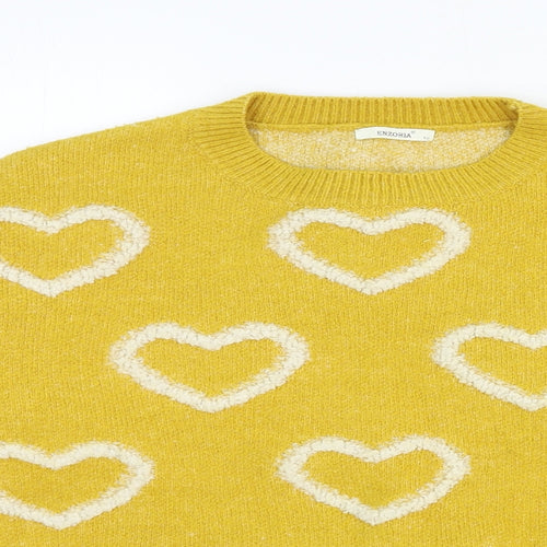 Enzoria Womens Yellow Round Neck Geometric Polyamide Pullover Jumper One Size - Hearts
