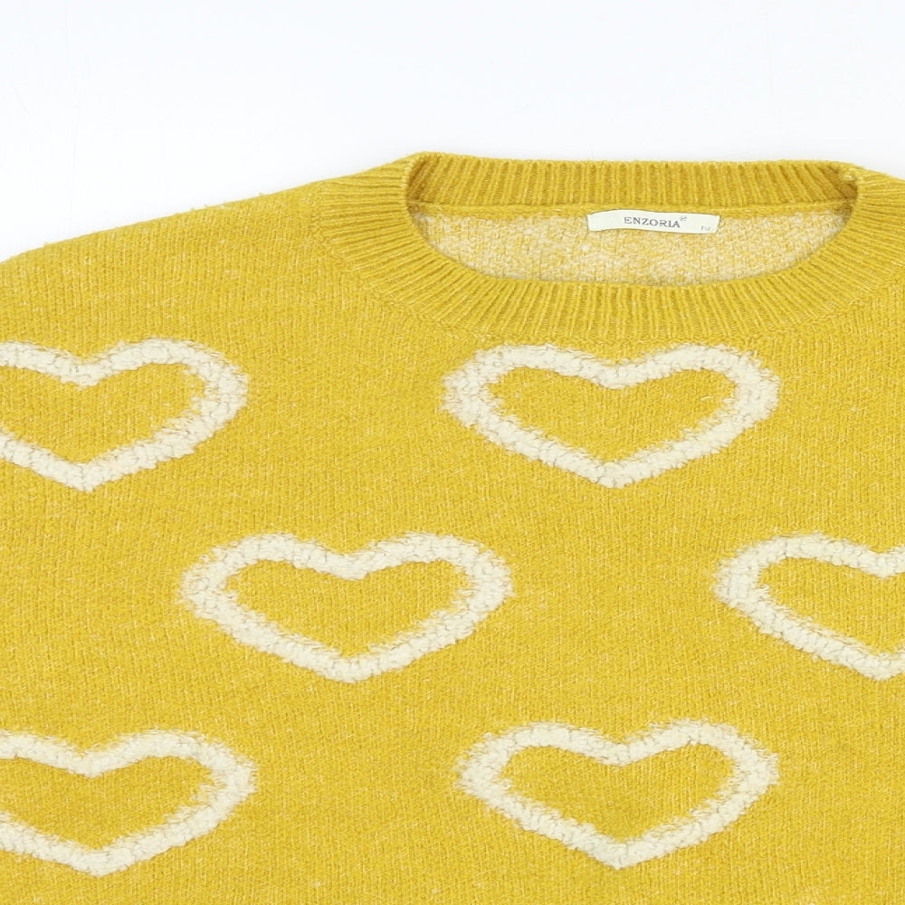 Enzoria Womens Yellow Round Neck Geometric Polyamide Pullover Jumper One Size - Hearts