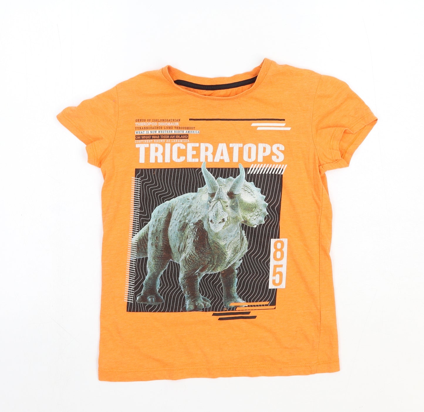 Matalan Boys Orange Cotton Basic T-Shirt Size 9 Years Round Neck Pullover - Triceratops