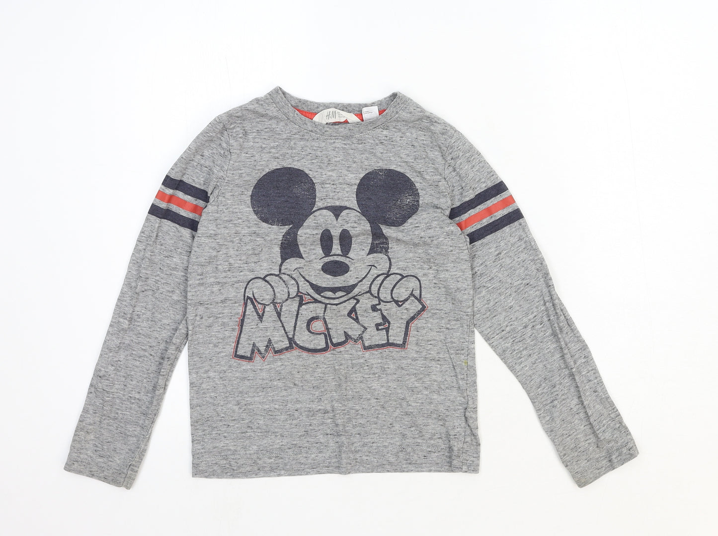 H&M Boys Grey Cotton Basic T-Shirt Size 6-7 Years Round Neck Pullover - Mickey Mouse