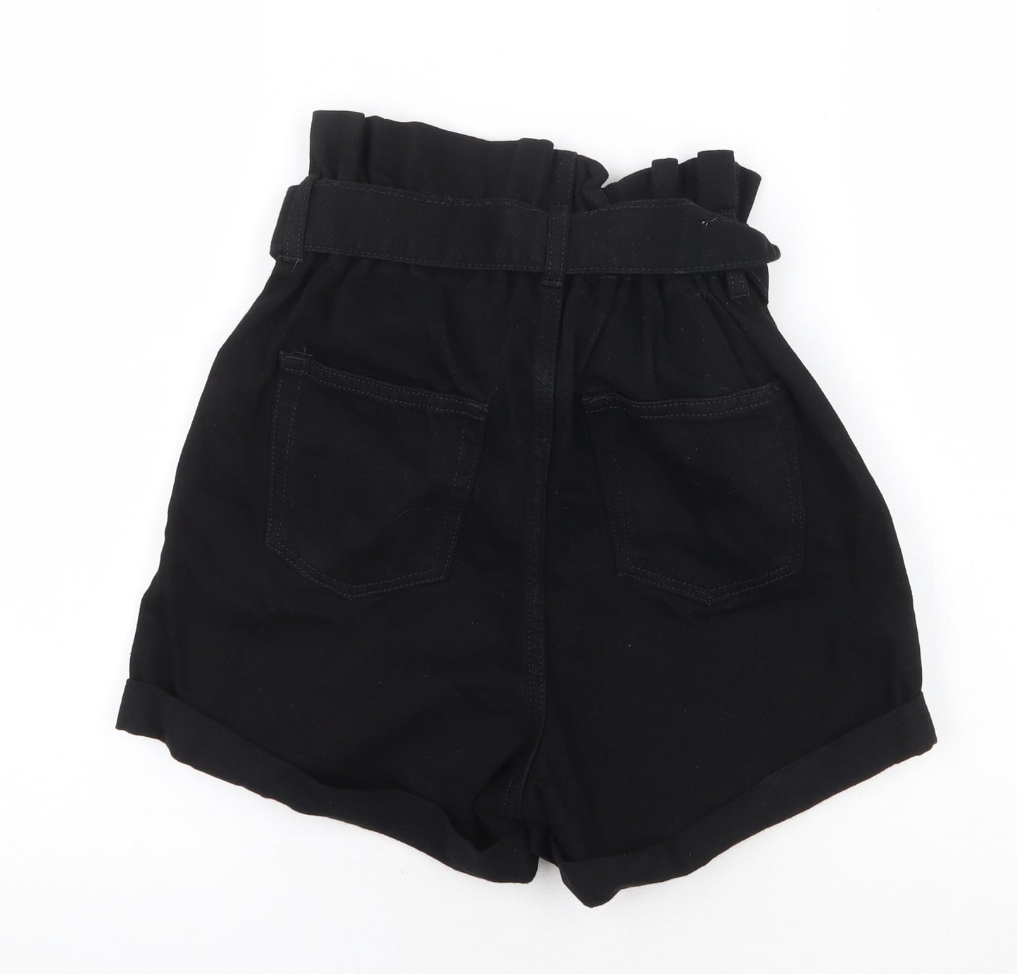 Michelle Keegan Womens Black Cotton Paperbag Shorts Size 8 Regular Button