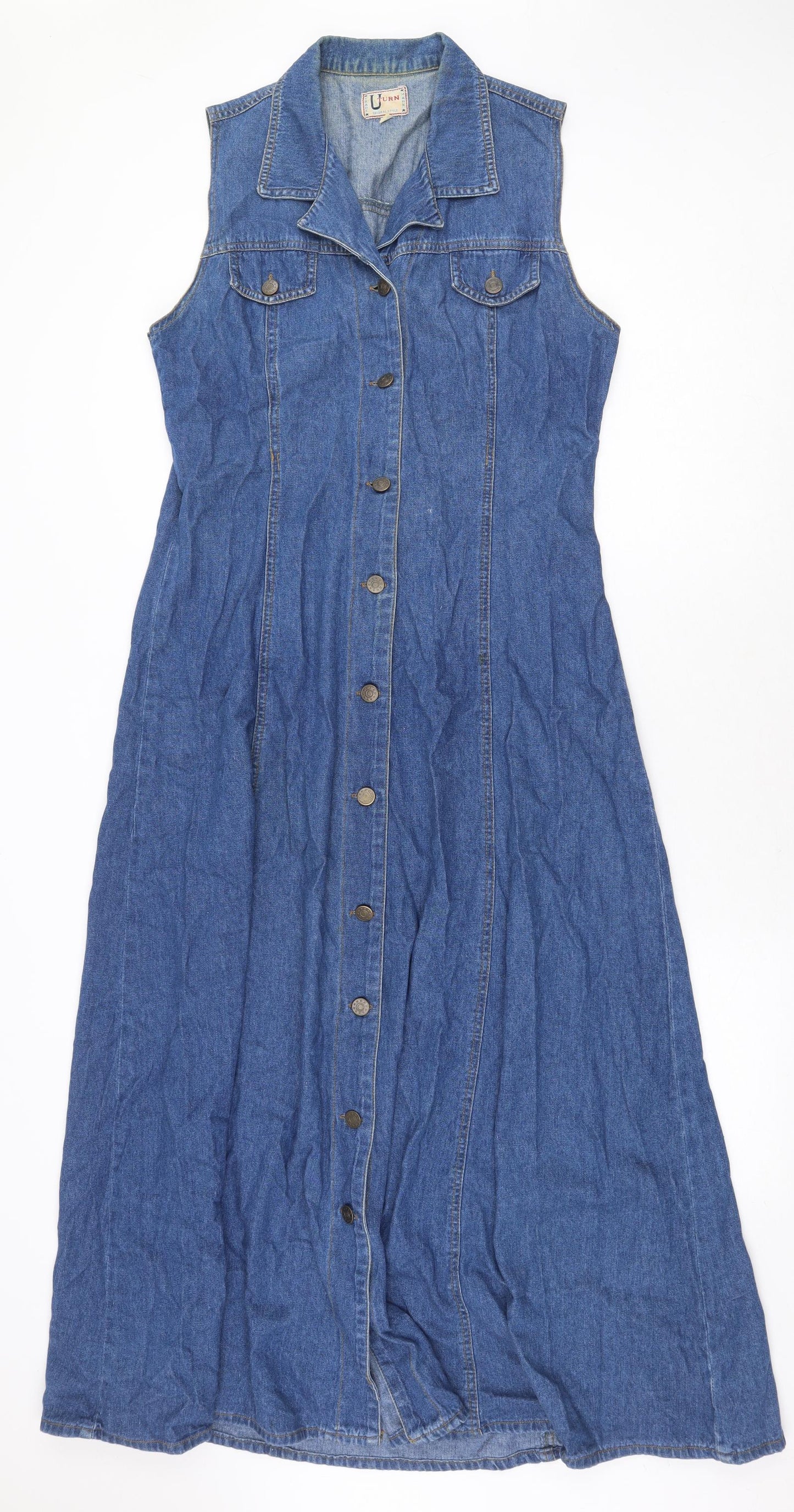 Uturn Womens Blue Cotton A-Line Size 16 Collared Button