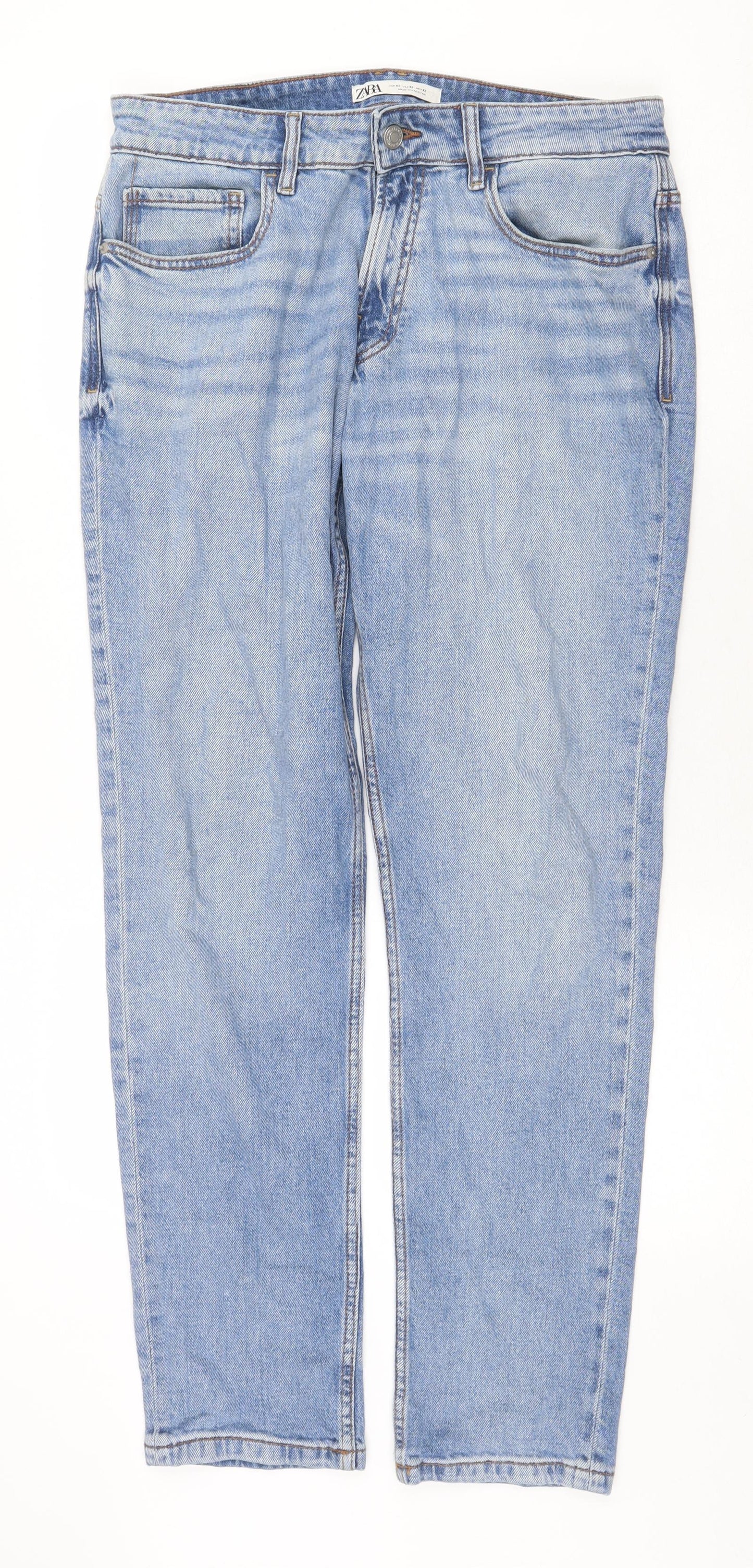 Zara Womens Blue Cotton Straight Jeans Size 14 Regular Zip