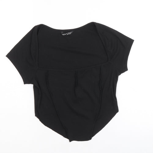 SheIn Womens Black Polyester Cropped T-Shirt Size L Square Neck - Asymmetric hem