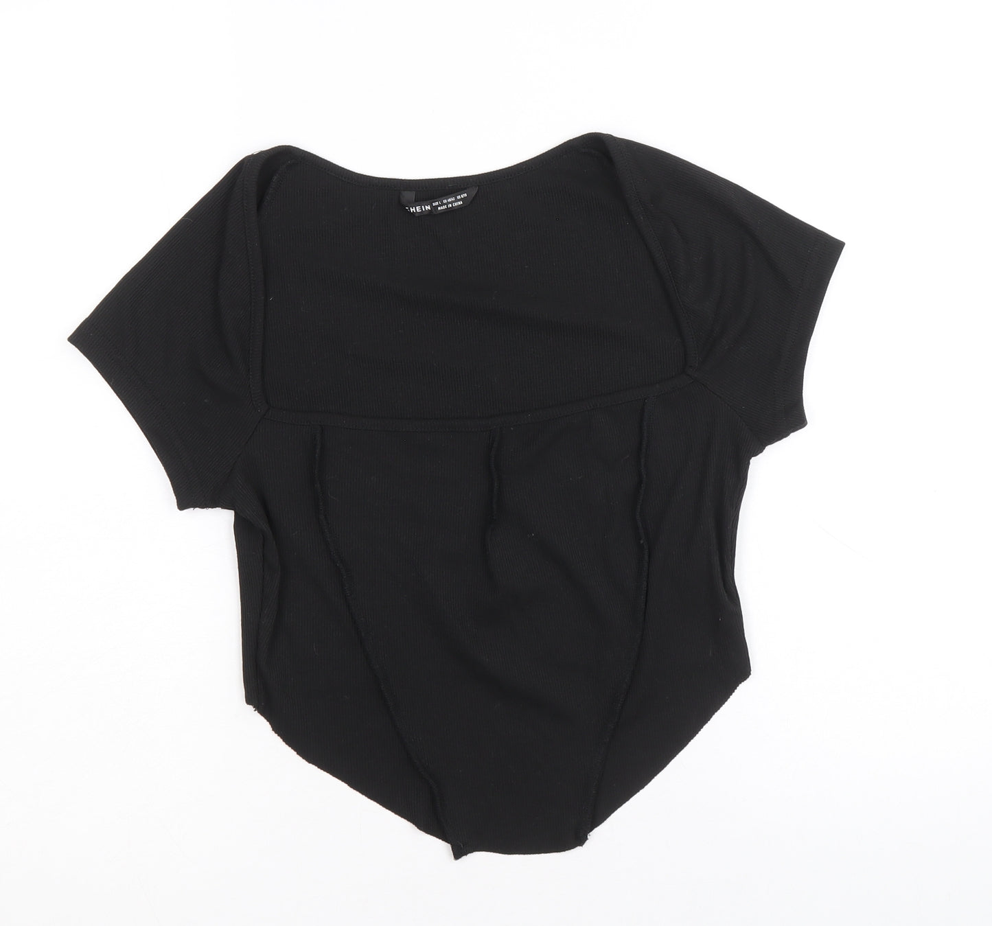 SheIn Womens Black Polyester Cropped T-Shirt Size L Square Neck - Asymmetric hem