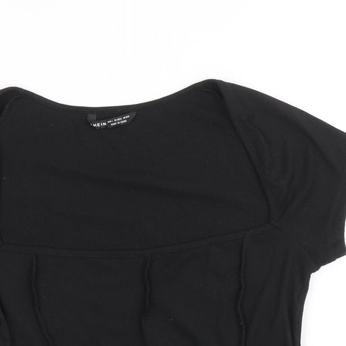 SheIn Womens Black Polyester Cropped T-Shirt Size L Square Neck - Asymmetric hem
