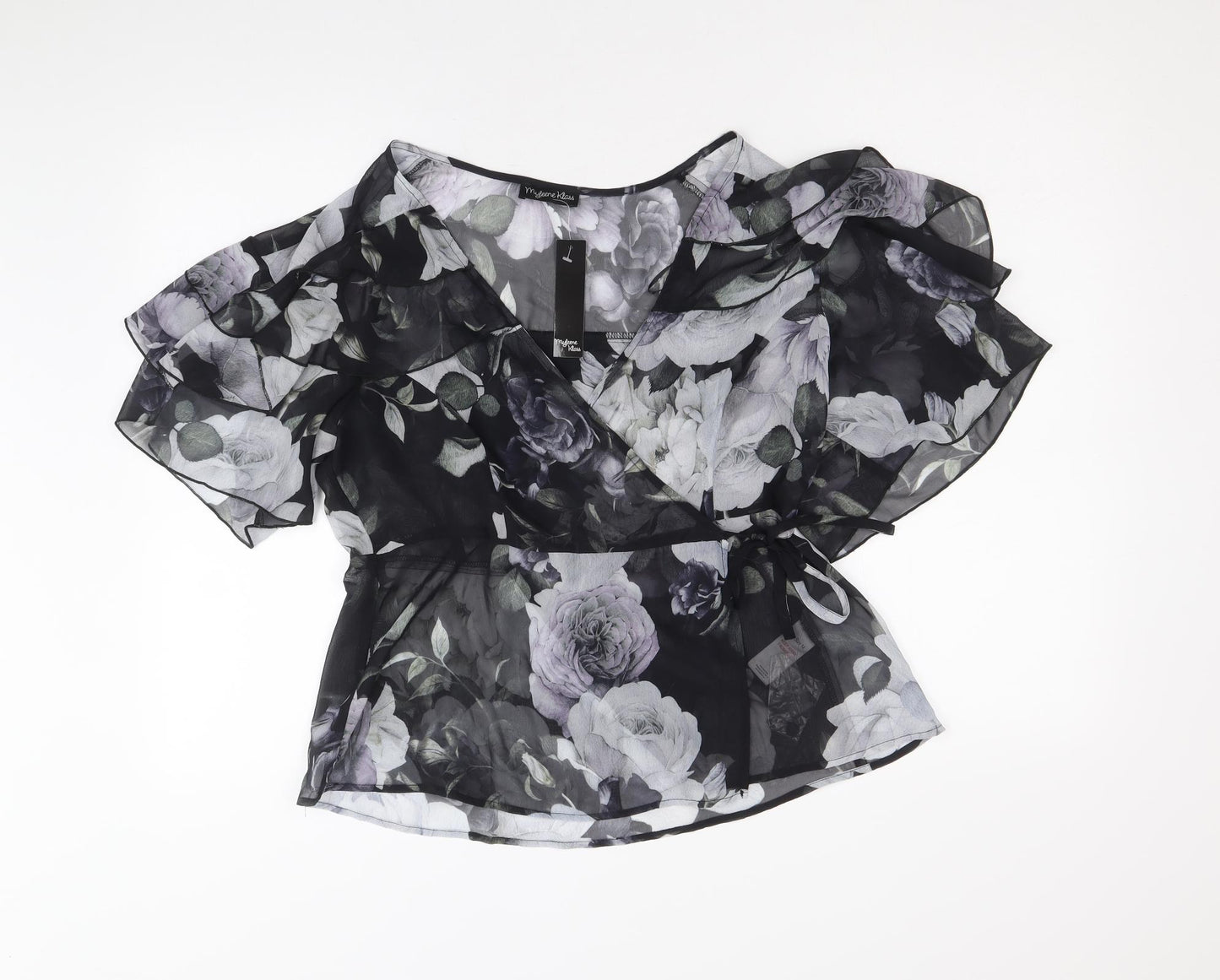 Mylene Klass Womens Black Floral Polyester Wrap Blouse Size 14 V-Neck