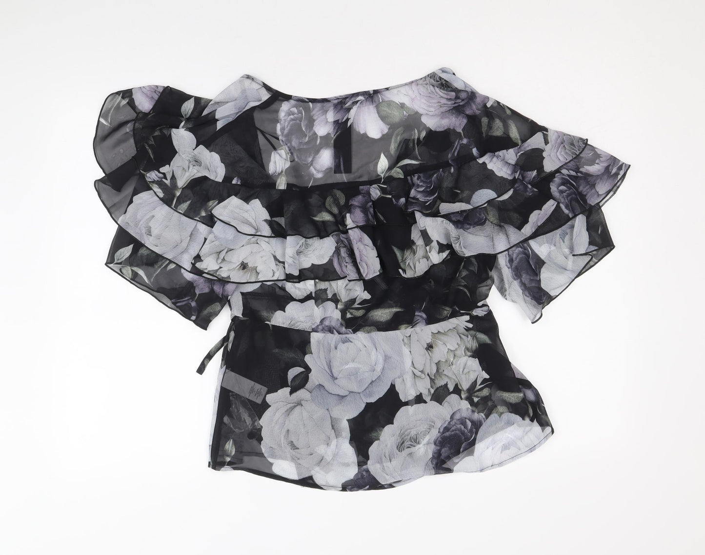 Mylene Klass Womens Black Floral Polyester Wrap Blouse Size 14 V-Neck