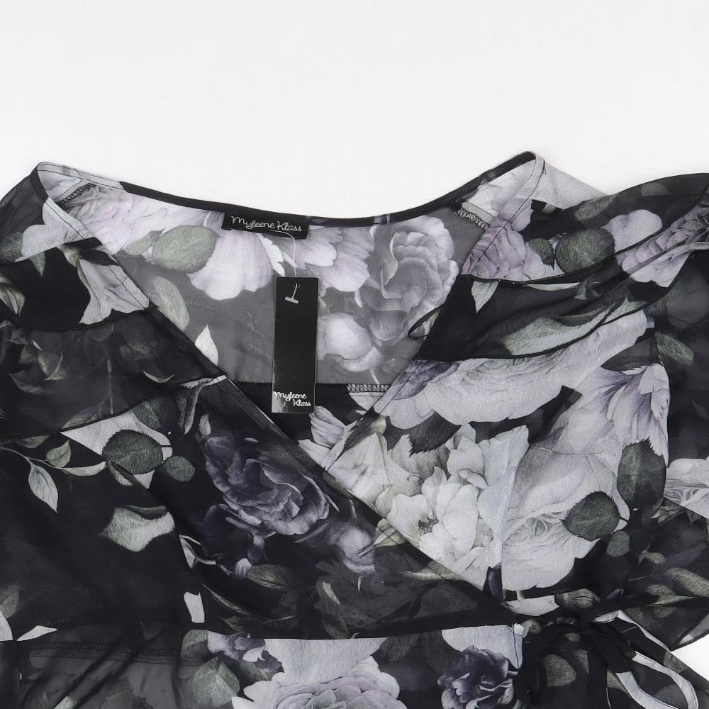Mylene Klass Womens Black Floral Polyester Wrap Blouse Size 14 V-Neck