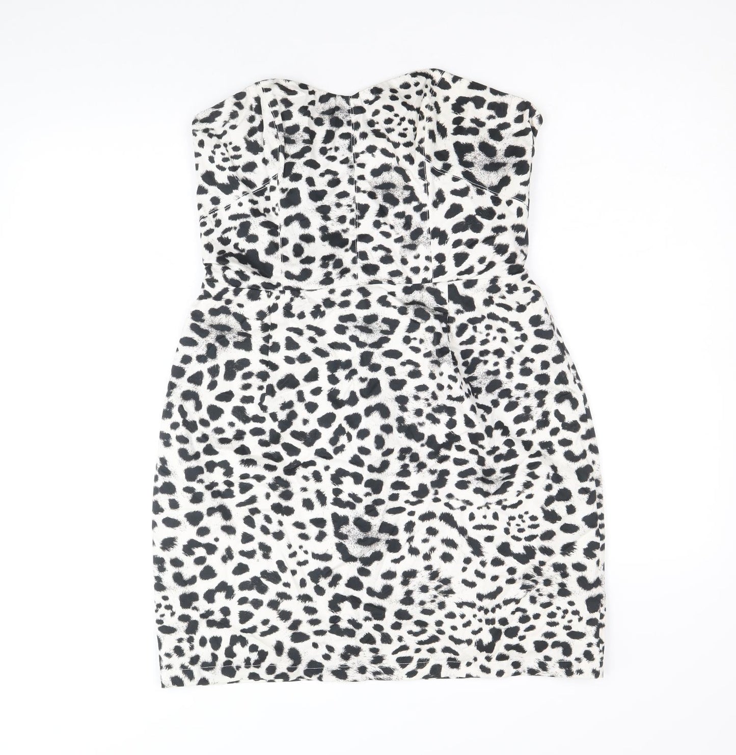 H&M Womens White Animal Print Cotton Pencil Dress Size 12 Sweetheart Zip - Leopard print