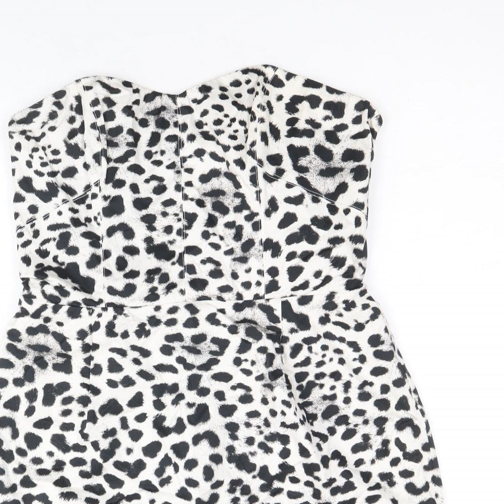 H&M Womens White Animal Print Cotton Pencil Dress Size 12 Sweetheart Zip - Leopard print