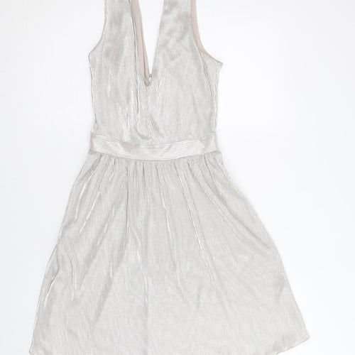 Miss Selfridge Womens Silver Polyester Skater Dress Size 8 V-Neck Zip