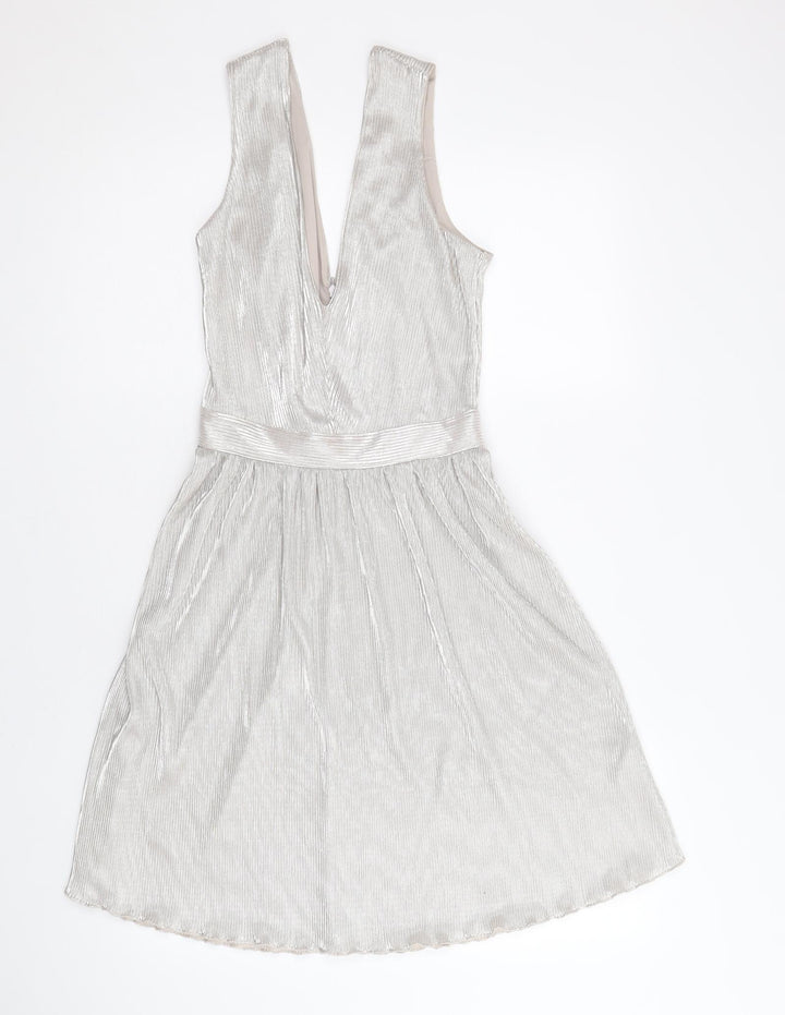 Miss Selfridge Womens Silver Polyester Skater Dress Size 8 V-Neck Zip