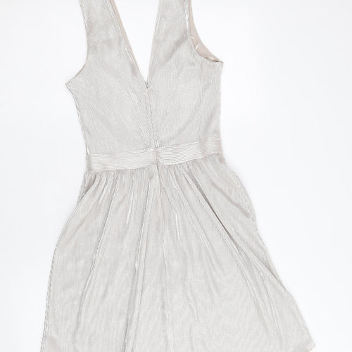Miss Selfridge Womens Silver Polyester Skater Dress Size 8 V-Neck Zip