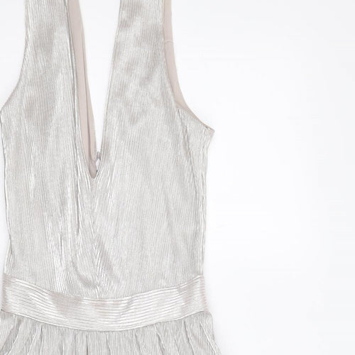 Miss Selfridge Womens Silver Polyester Skater Dress Size 8 V-Neck Zip