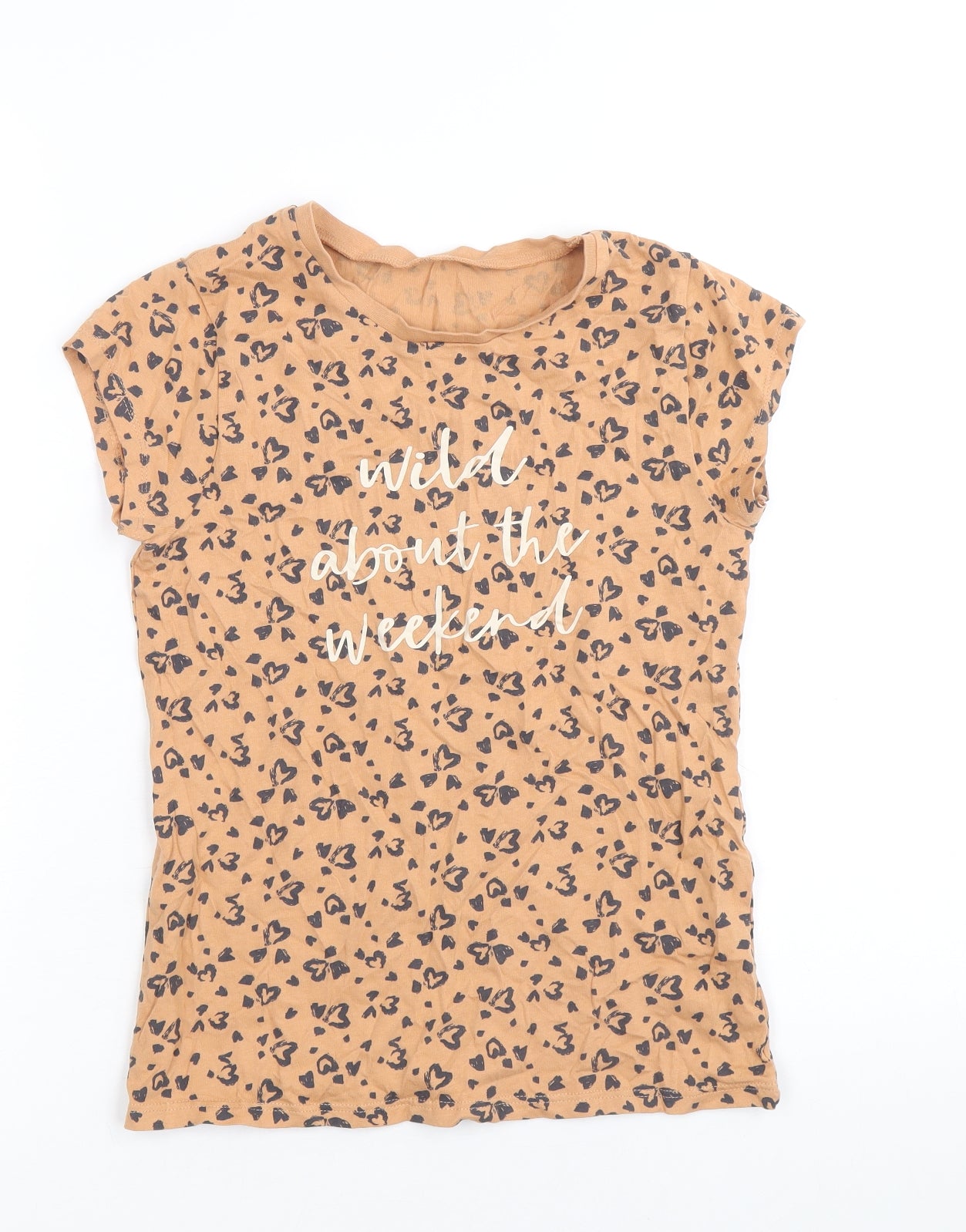 George Girls Brown Geometric 100% Cotton Basic T-Shirt Size 11-12 Years Scoop Neck Pullover - Hearts, Wild About the Weekend