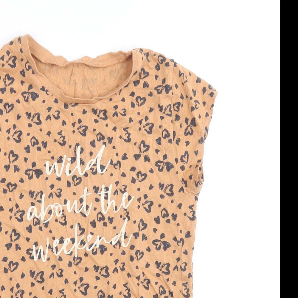 George Girls Brown Geometric 100% Cotton Basic T-Shirt Size 11-12 Years Scoop Neck Pullover - Hearts, Wild About the Weekend