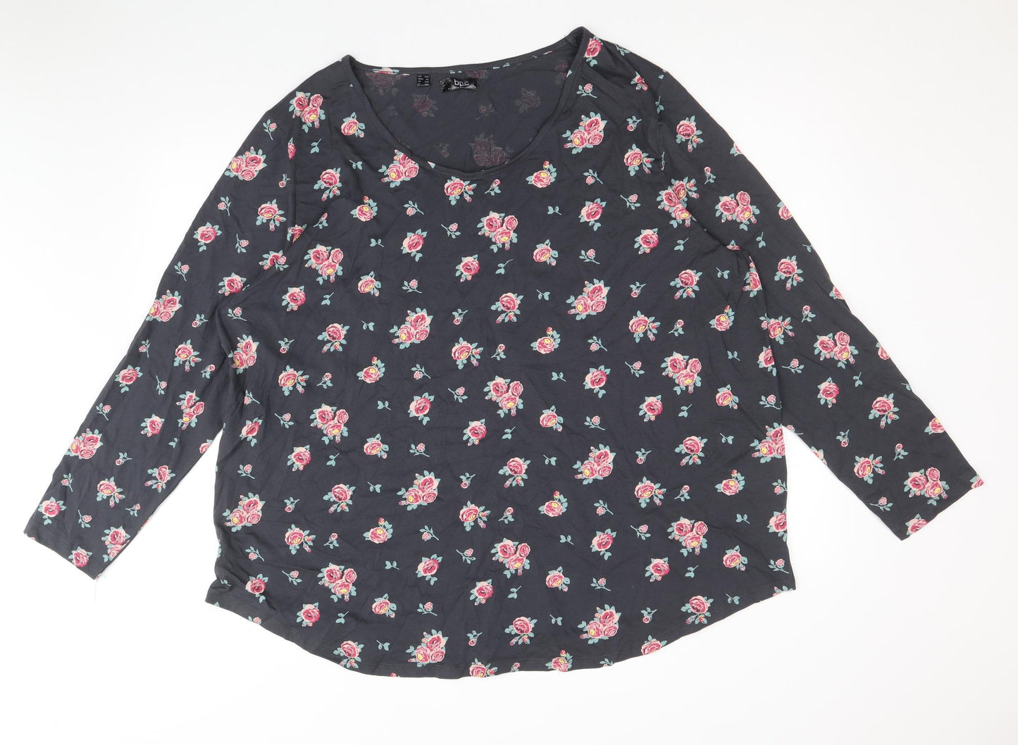Bonprix Collection Womens Grey Floral 100% Cotton Basic Blouse Size 2XL Scoop Neck
