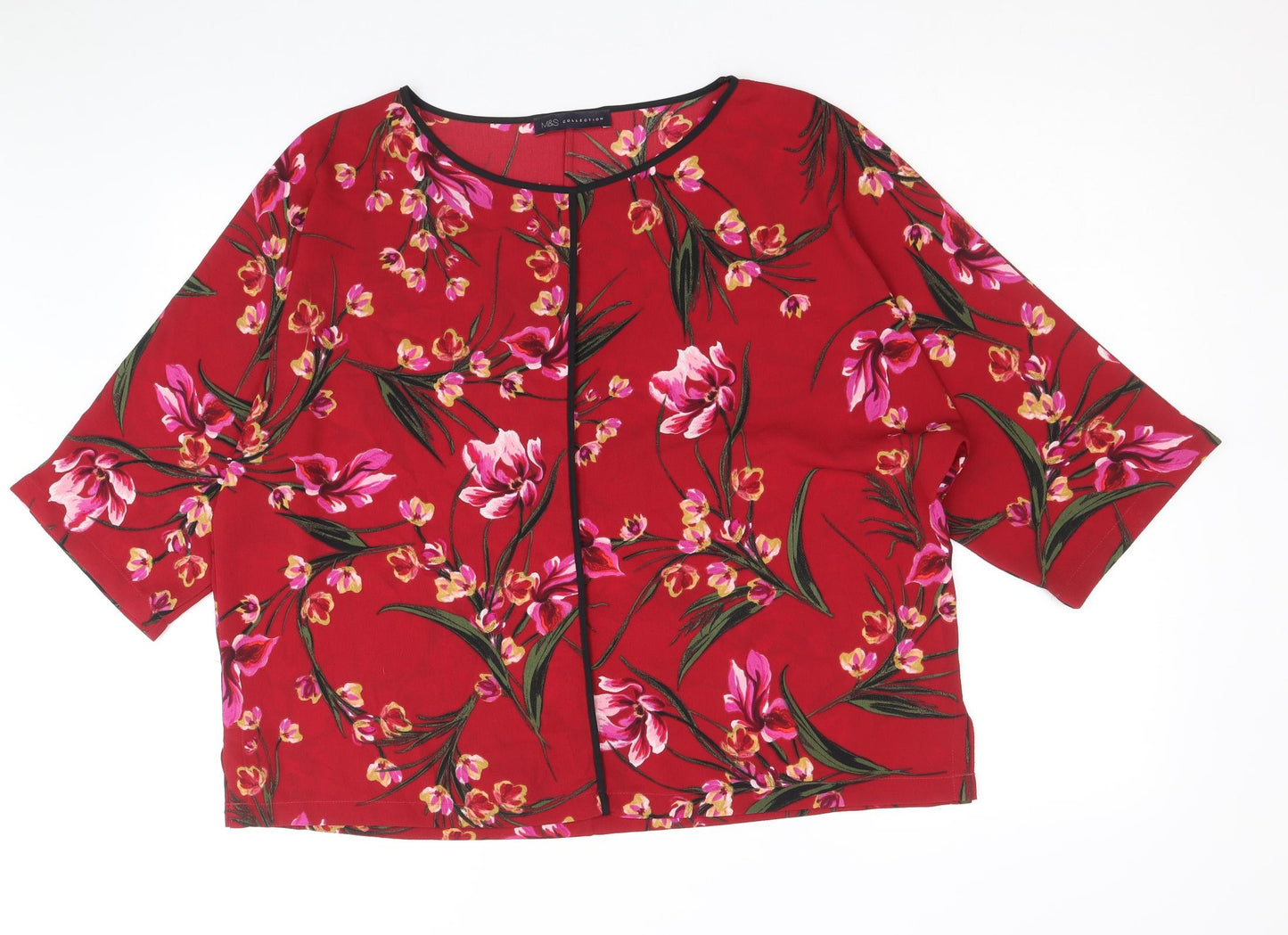 Marks and Spencer Womens Red Floral Polyester Basic T-Shirt Size 16 Round Neck