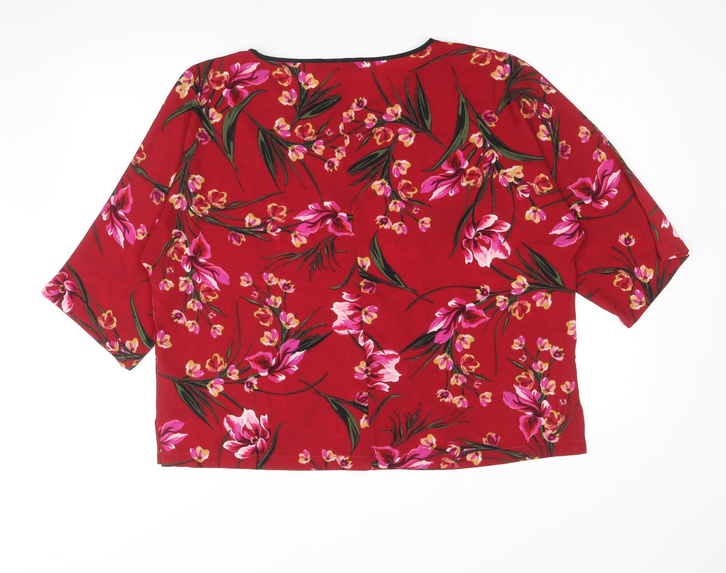 Marks and Spencer Womens Red Floral Polyester Basic T-Shirt Size 16 Round Neck