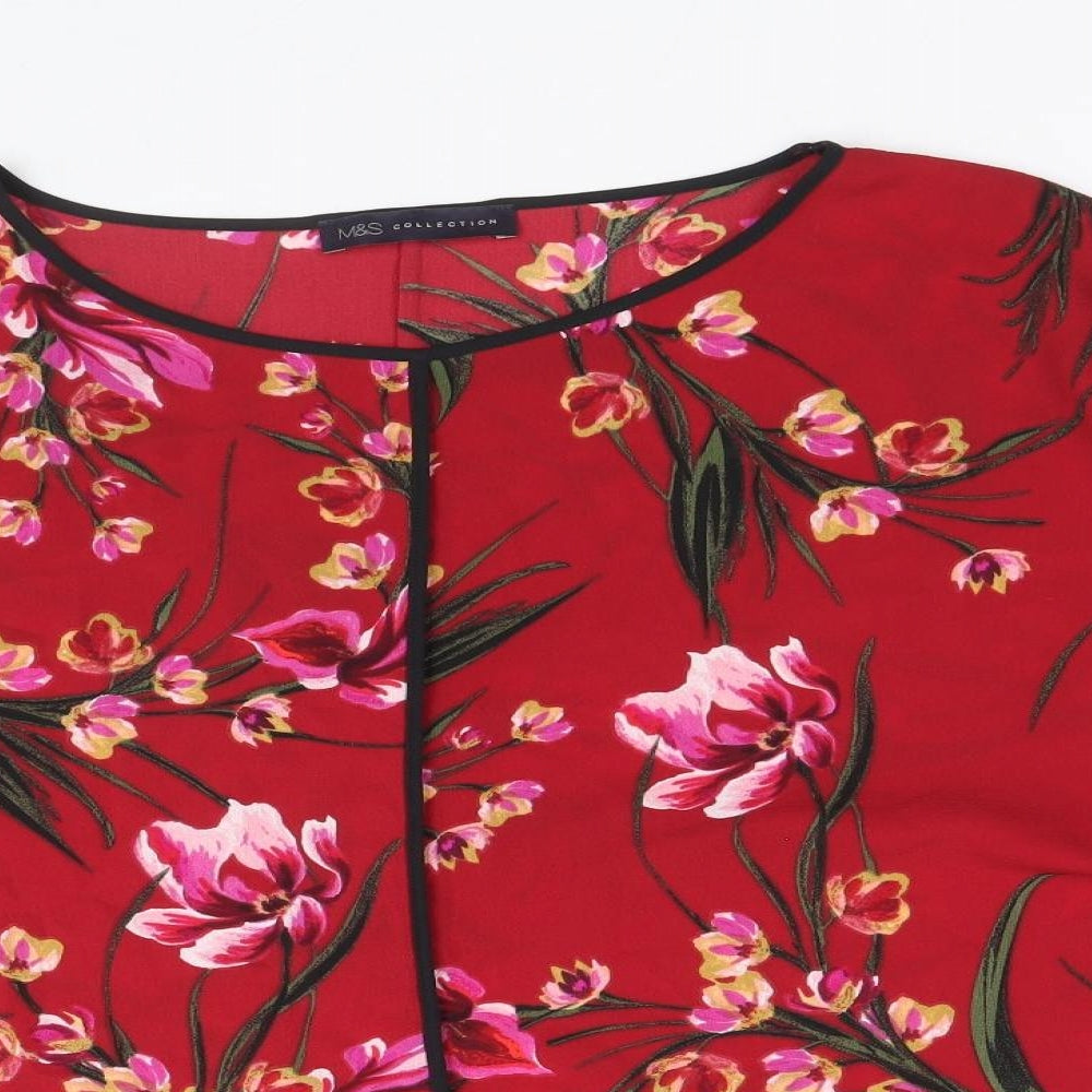 Marks and Spencer Womens Red Floral Polyester Basic T-Shirt Size 16 Round Neck