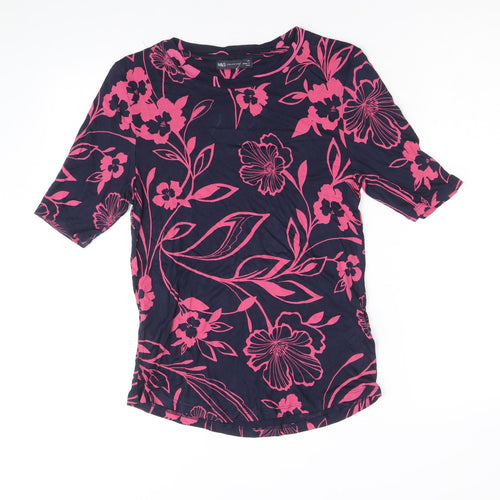 Marks and Spencer Womens Blue Floral Viscose Basic T-Shirt Size 10 Round Neck