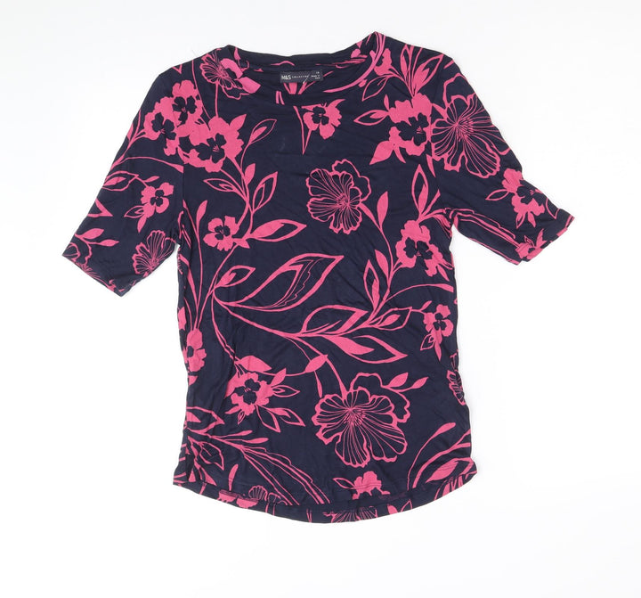Marks and Spencer Womens Blue Floral Viscose Basic T-Shirt Size 10 Round Neck