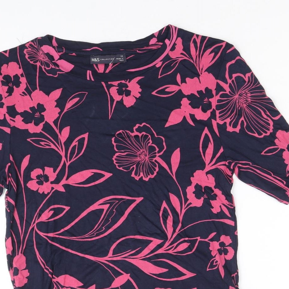 Marks and Spencer Womens Blue Floral Viscose Basic T-Shirt Size 10 Round Neck