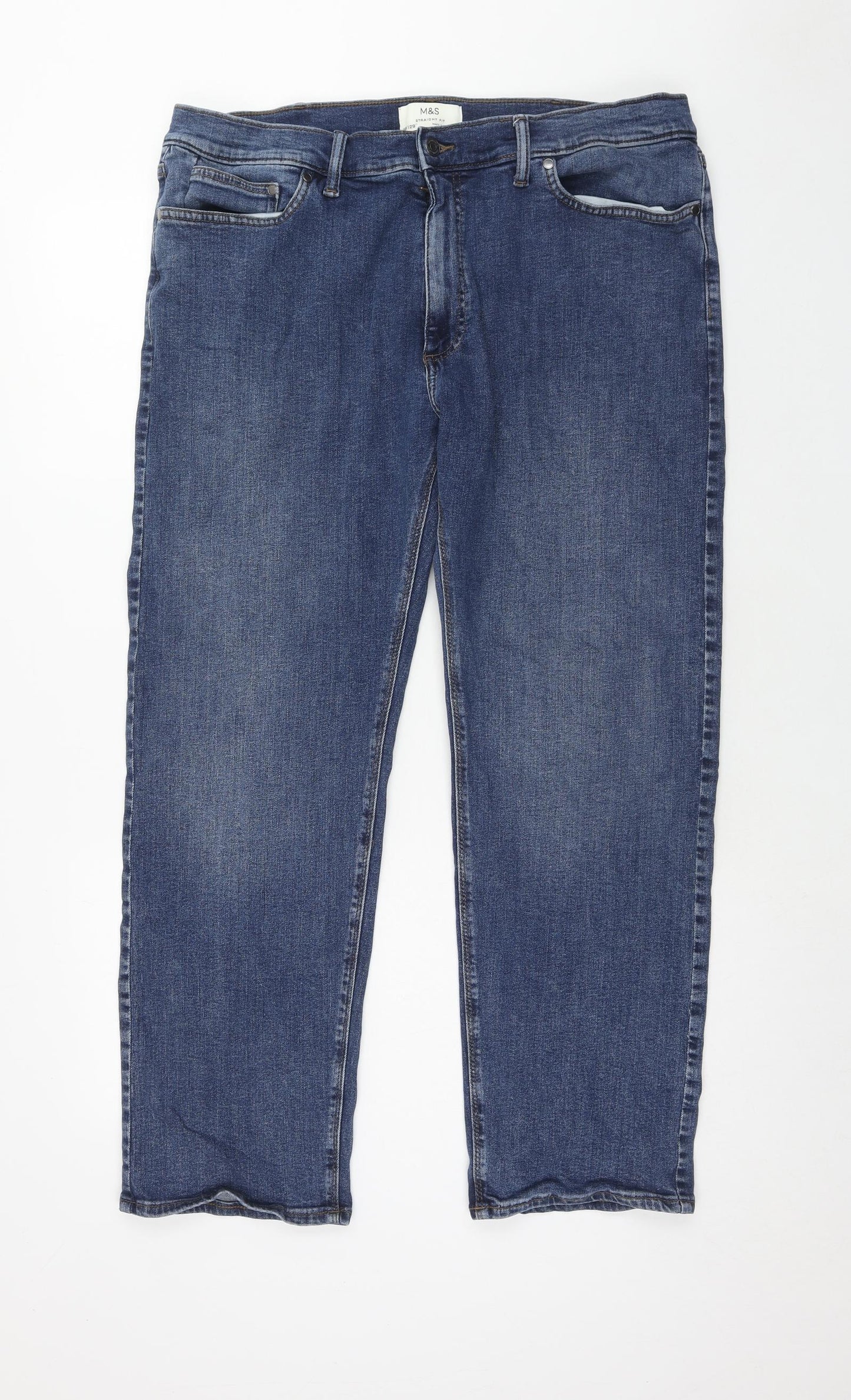 Marks and Spencer Mens Blue Cotton Straight Jeans Size 38 in L29 in Regular Zip
