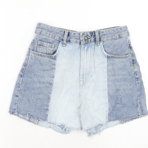 Stradivarius Womens Blue Check Cotton Cut-Off Shorts Size 6 Regular Zip