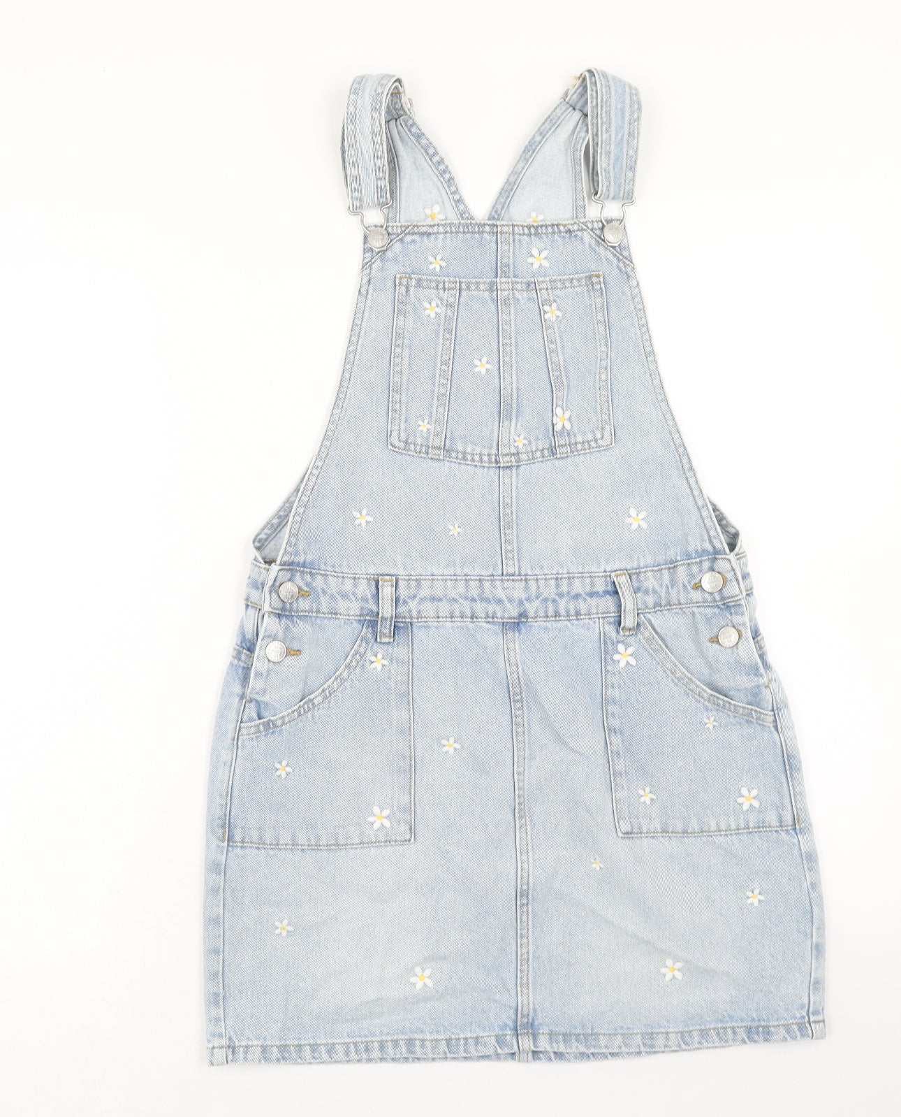 Marks and Spencer Girls Blue Floral Cotton Pinafore/Dungaree Dress Size 13-14 Years Square Neck Button