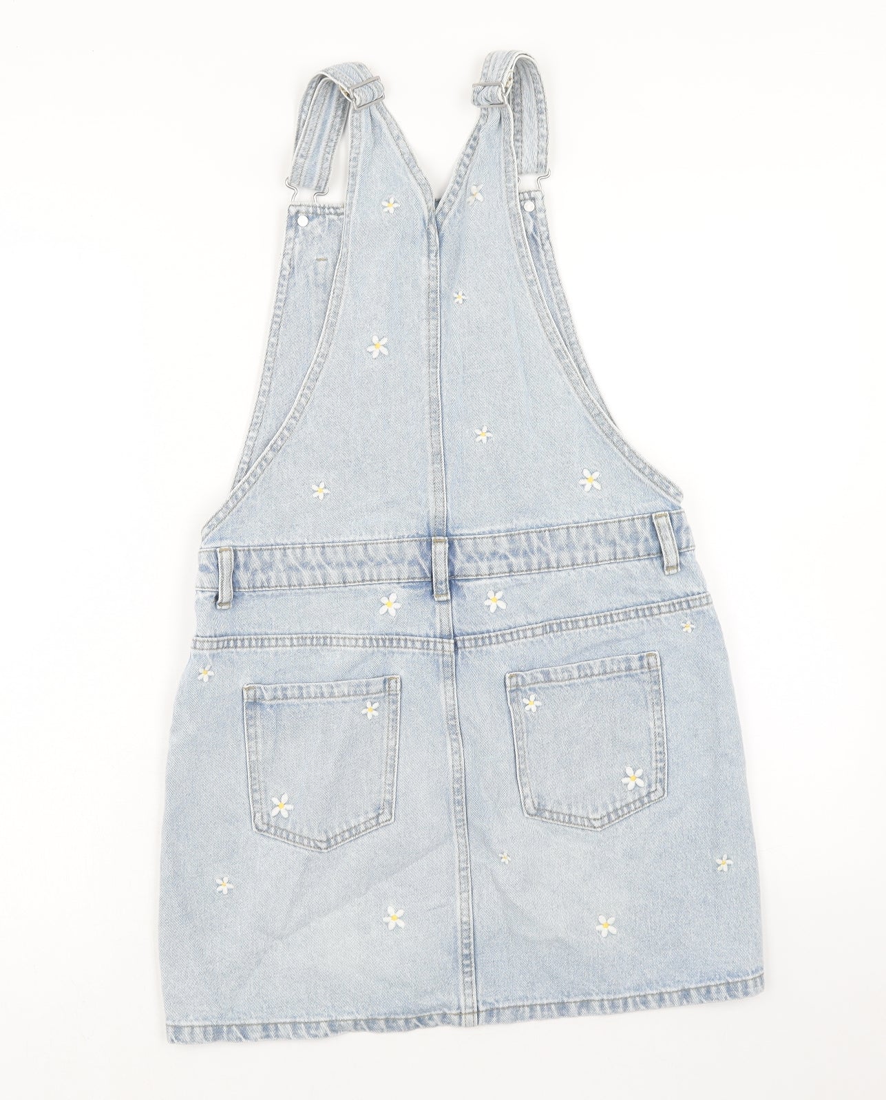 Marks and Spencer Girls Blue Floral Cotton Pinafore/Dungaree Dress Size 13-14 Years Square Neck Button