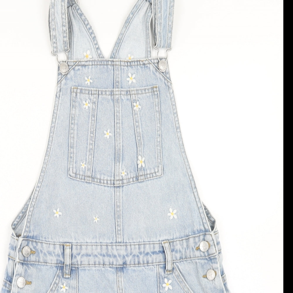Marks and Spencer Girls Blue Floral Cotton Pinafore/Dungaree Dress Size 13-14 Years Square Neck Button