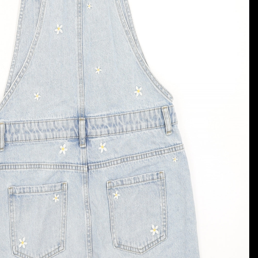 Marks and Spencer Girls Blue Floral Cotton Pinafore/Dungaree Dress Size 13-14 Years Square Neck Button