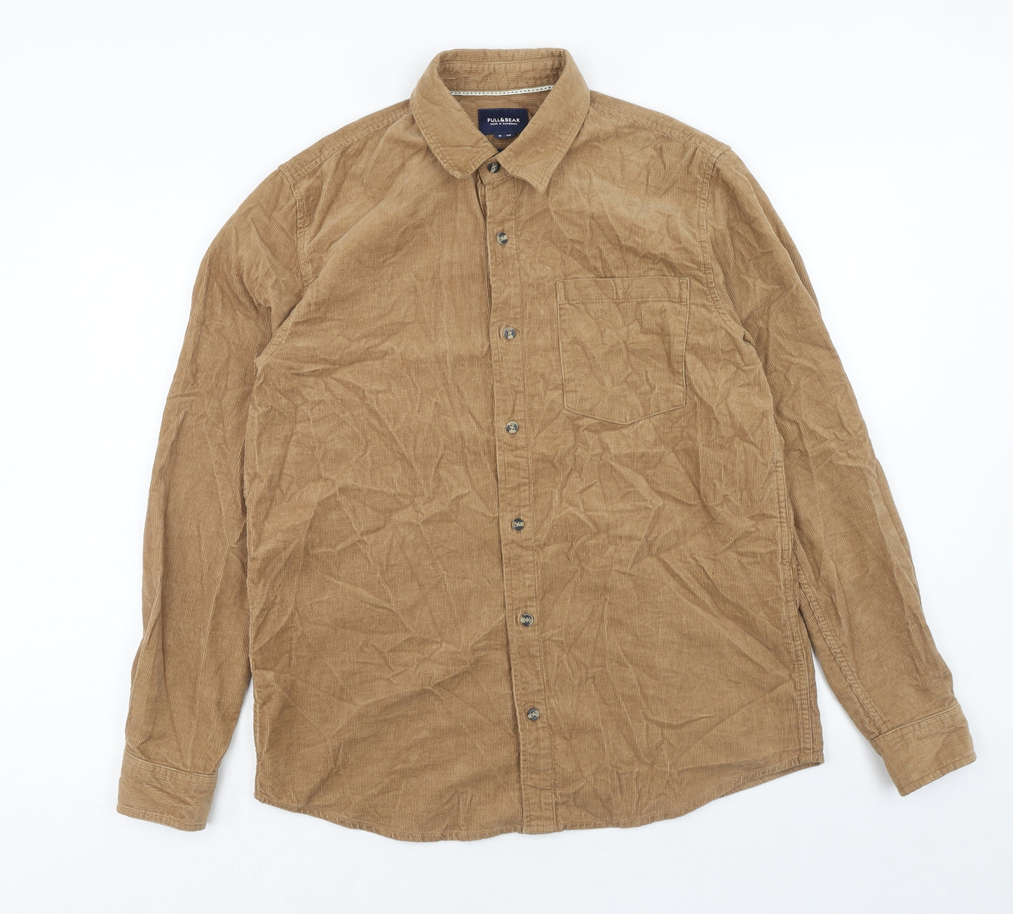 Pull&Bear Mens Brown Cotton Button-Up Size M Collared Button