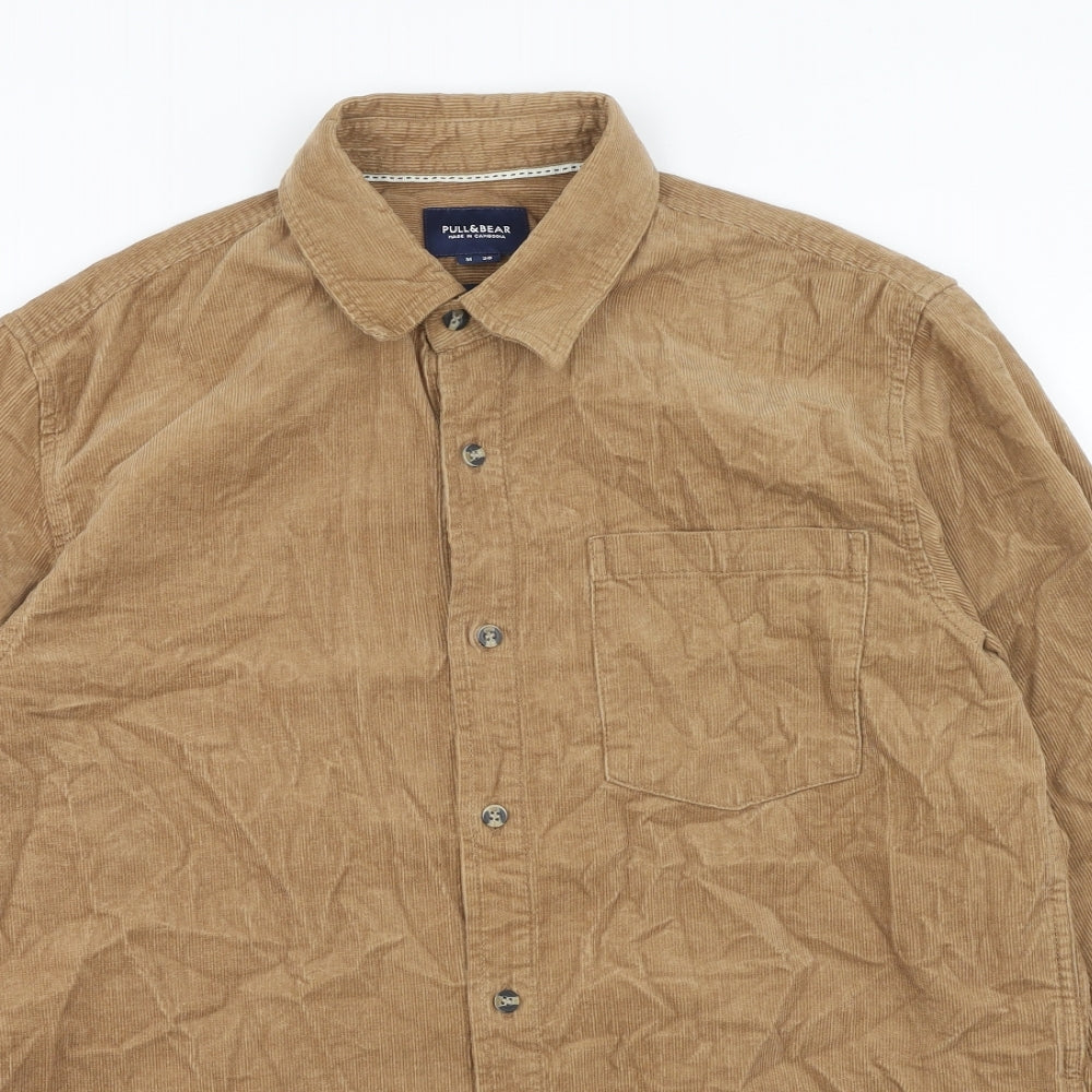 Pull&Bear Mens Brown Cotton Button-Up Size M Collared Button