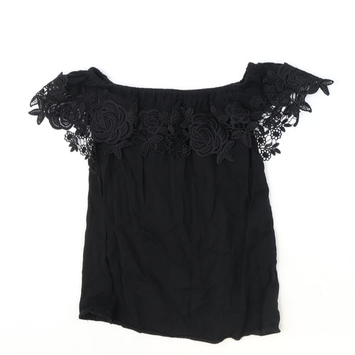 Oasis Womens Black Viscose Basic T-Shirt Size 8 Off the Shoulder - Lace Detail