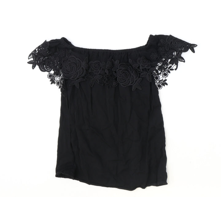Oasis Womens Black Viscose Basic T-Shirt Size 8 Off the Shoulder - Lace Detail