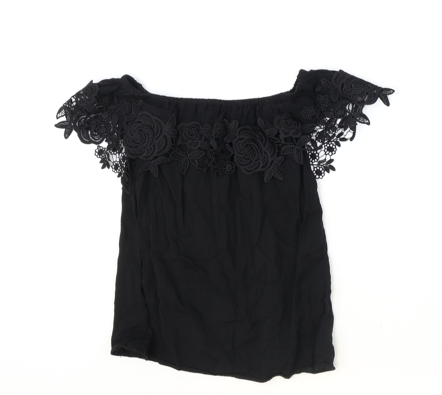 Oasis Womens Black Viscose Basic T-Shirt Size 8 Off the Shoulder - Lace Detail